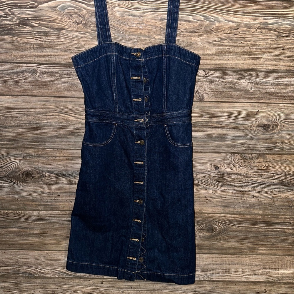 Levi's Orange Tab Women's Dark Blue Denim Overalls Dress Button Down Size Small